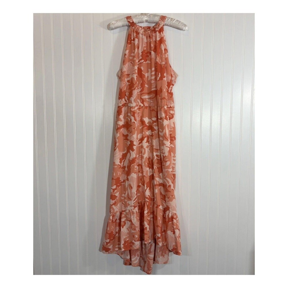 NINE WEST Womens Halter Floral Dress Size L Tiered Ruffle Resort Wedding Guest - Picture 1 of 16